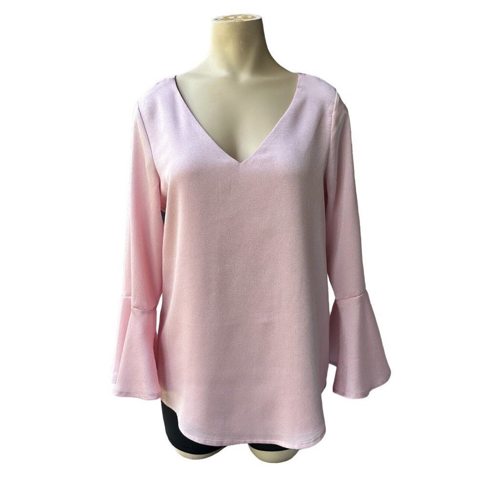 Roz and Ali Blouse Pullover Shirt Women's Small Blush Pink V Neck Bell Sleeve